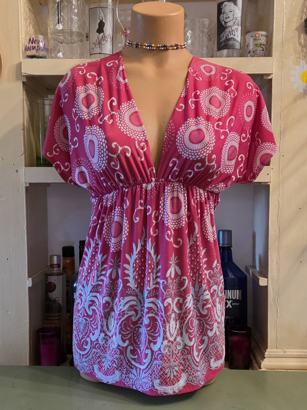 Charlotte Russe Vintage 90's M Deep V-neck Babydoll Top Hot Pink *factory flaw